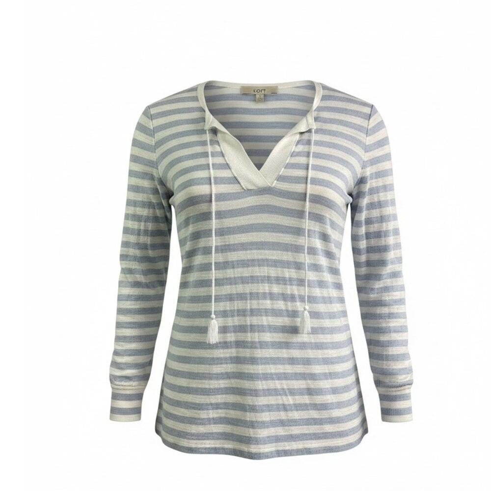 LOFT Blue White Striped Tassel Tie V-Neck Long Sleeve Top - Size XS - Picture 3 of 9